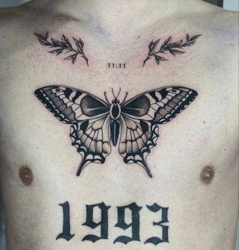 Moth Chest Tattoo, Regret Tattoo, Butterfly Chest Tattoo, Tattoo Under Chest, Butterfly Leg Tattoos, Tattoo Papillon, Skull Butterfly Tattoo, Mens Butterfly Tattoo, Borboleta Tattoo