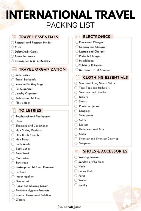 International Travel Packing List Spain Travel Essentials, International Carry On Packing List, International Travel Essentials List, Travel List Packing, International Travel Packing List, Traveling List, Abroad Packing List, Trip Essentials Packing Lists, International Travel Packing