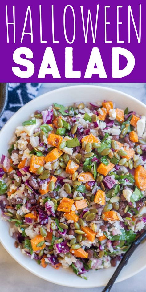 If you're looking for a healthy, savory option to celebrate Halloween with this year, you've got to make my Halloween Salad with Rice and Veggies! It's made using Halloween colored ingredients and tossed with a fall flavored apple cider vinegar dressing. Serve as a side dish at your halloween party or bring for healthy and filling work lunches throughout the week. #halloweensalad #ricesalad #worklunch #mealprep #vegetarian #glutenfree Halloween Potato Salad, Halloween Salad Recipes, Halloween Cauliflower, Halloween Salad Ideas, Halloween Sides Dishes, Spooky Salad, Halloween Salads, Halloween Side Dishes, Halloween Potluck Ideas For Work