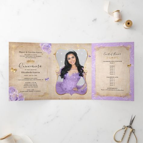 Elegant Photo Light Purple and Gold Quinceanera Tri-Fold Invitation | #lavenderquinceanerainvitationsdiyold #vintagescrollparchmentpaperroses #rosegoldlightpurplespanish #floraltrifoldfoldedbirthdayparty #elegantcrownsweet16weddings #royalprincesstiaraphototemplate Purple And Gold Quinceanera, Quinceanera Lavender, Quince Food, Crown Sweet 16, Birthday Party Elegant, Lavender Quinceanera, Gold Quinceanera, Quince Planning, Lilac Butterfly