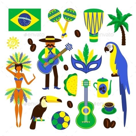 Brazil Decorative Set by macrovector Brazil decorative icons set with football carnival coffee parrot isolated vector illustration. Editable EPS and Render in JPG form Brazil Art, Guitar Vector, Brazil Carnival, Watercolour Texture Background, Rio Carnival, Spring Activities, Seamless Pattern Vector, Watercolor Texture, Preschool Crafts