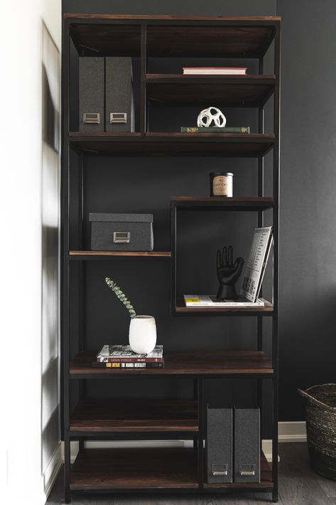 Wood Book Shelves, Unique Shelving, Dark Space, Unique Shelves, Apartment Renovation, Living Room Organization, Wood Book, Space Organizer, Architecture Interiors