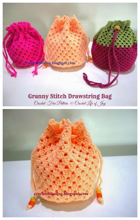 Granny Stitch Drawstring Bag Crochet Free Patterns- Drawstring Bag Free #Crochet; Patterns Crochet Sachet, Crochet Small Bag, Crochet Drawstring Bag, Drawstring Bag Pattern, Crochet Drawstring, Beanie Hat Pattern, Small Drawstring Bag, Crochet Baby Beanie, Crochet Bag Pattern Free