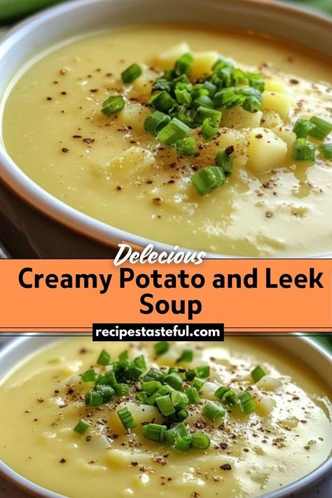 A comforting and creamy soup made with tender potatoes and sweet leeks, perfect for chilly evenings and easy to prepare. Potatoe Leek Soup Recipe, Potato Leek Soup Easy, Creamy Orzo Pasta, Creamy Potato Leek Soup, Potato And Leek Soup, Leeks Soup Recipes, Sweet Potato Soup Recipes, Leek Recipes, Potato Leek