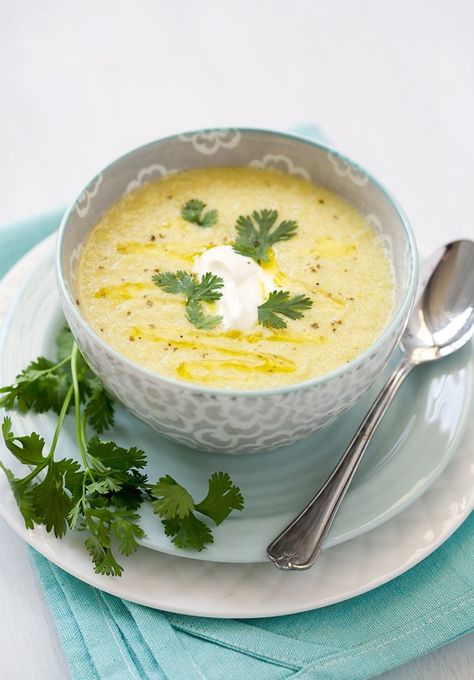 Yellow Summer Squash and Corn Soup Corn Stock, Cumin Water, Yellow Squash Recipes, Squash Zucchini, Chilled Soup, Summer Soup, Yellow Summer Squash, Summer Foods, Pureed Soup