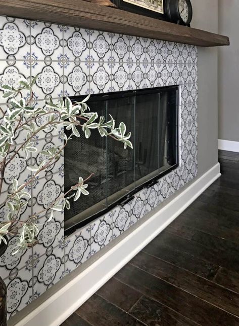 Artisan Stone Tile, Fireplace Renovation, Kitchen Decals, Tile Fireplace, Fireplace Tile Surround, Wood Fireplace Mantel, Peel And Stick Floor, Wood Mantels, Fireplace Hearth