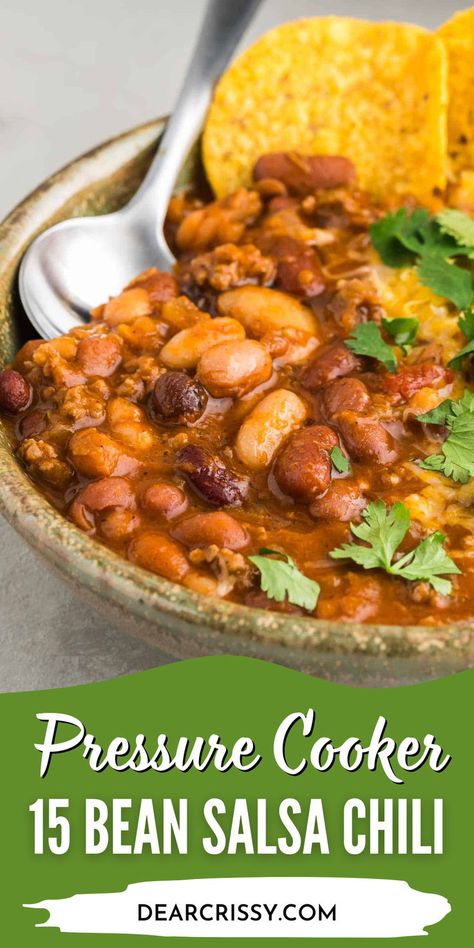 Transform your weeknight dinners with this flavorful Pressure Cooker 15 Bean Salsa Chili. Packed with protein-rich beans, savory ground beef, and zesty salsa, this hearty dish is perfect for cozy gatherings. Easy to make in just 25 minutes, it's a nutritious and satisfying meal that everyone will love. Experience the robust flavors of this chili recipe today! Four Bean Chili, Salsa Chili, 15 Bean Soup, Chipped Beef, Bean Salsa, Hot Salsa, Chunky Salsa, Pickling Jalapenos, Easy Instant Pot Recipes