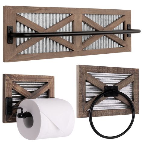 PRICES MAY VARY. Embrace the Rustic Farmhouse Aesthetic - Elevate your bathroom's charm with the Autumn Alley rustic farmhouse collection, featuring a toilet paper holder, hand towel ring, and towel rack. The weathered wooden frame and black metal hardware perfectly complement any bathroom decor Enhance Functionality and Organization - Streamline your bathroom countertops with this meticulously crafted bathroom set. The Autumn Alley Rustic Bathroom Accessories are designed to accommodate hand to Farmhouse Toilet Paper Holder, Farmhouse Towel Rack, Farmhouse Toilet, Rustic Bathroom Accessories, Rustic Towel Rack, Western Bathroom Decor, Farmhouse Bathroom Accessories, Rustic Toilet Paper Holders, Western Bathroom