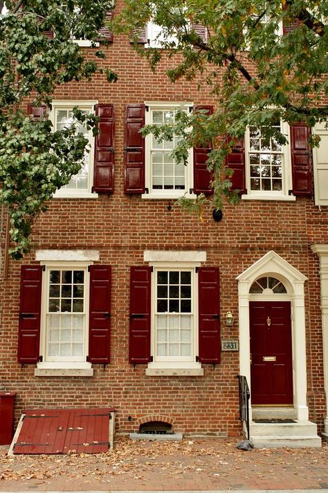 Red Photograph - Red Door and Shutters by Christopher Woods Shutters Brick House, Brick House Trim, Duplex Remodel, Art Heist Baby, Brick House Front Door Colors, Orange Brick Houses, Exterior Front Door Colors, Porch Appeal, Art Heist