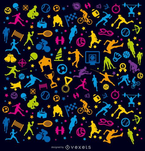 Colorful Silhouettes and sport elements done over black background. Including several sports like football, cycling, basketball, weight lifting, running, box, t Crossfit Logo, Sports Pattern, Basketball Background, Sport Theme, Gym Setup, Vintage Flowers Wallpaper, Basketball Quotes, Theme Background, Download Background