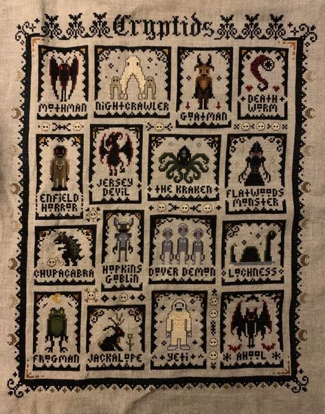 Cryptic Cross Stitch, Cryptid Sewing Patterns, Cross Stitch Cryptid, The Witchy Stitcher, Cryptid Cross Stitch Pattern, What We Do In The Shadows Cross Stitch, Dark Academia Cross Stitch, Cryptid Embroidery, Mothman Cross Stitch