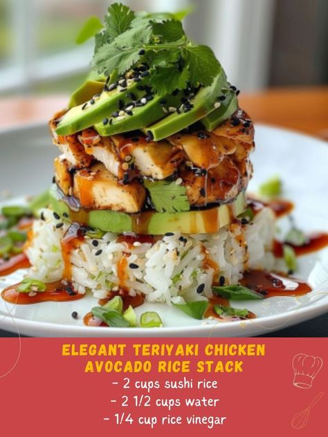 Crispy Teriyaki Tofu And Avocado Rice Stack, Teriyaki Salmon Avocado Rice Stack, Teriyaki Chicken Avocado Rice Stack, Chicken Avocado Rice, Sushi Stacks, Asian Cusine, Grilled Chicken Avocado, Fish Dinners, Avocado Rice