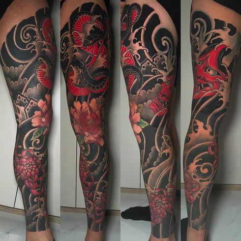 Oni mask red leg sleeve Leg Full Tattoo, Japan Tattoo Leg, Japan Leg Tattoo, Oni Mask Tattoo Sleeve, Japanese Leg Sleeve, Japanese Leg Tattoo, Oni Mask Tattoo, Oni Tattoo, Tattoo Japanese Style