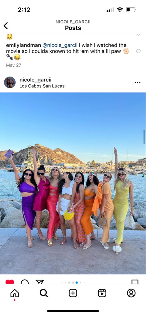 Pool Bachelorette Party Outfit, Neon Theme Bachelorette Party Outfits, Cancun Party Theme, Bachelorette Colorful Outfits, Sunset Night Bachelorette, Dresses For Cabo San Lucas, Color Night Bachelorette Party, Cabo Bachelorette Outfits, Colorful Bachelorette Outfits