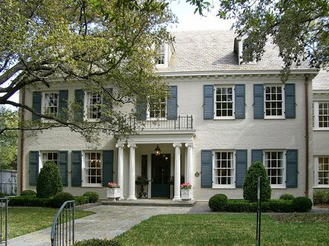 Light gray brick with blue shutters | Architect Spotlight: J. Wilson Fuqua and Associates - Enchanted BlogEnchanted Blog Colonial Addition, Angular Architecture, Brick Colonial, Colonial House Exteriors, Blue Shutters, Colonial Exterior, The Enchanted Home, Enchanted Home, Casa Exterior