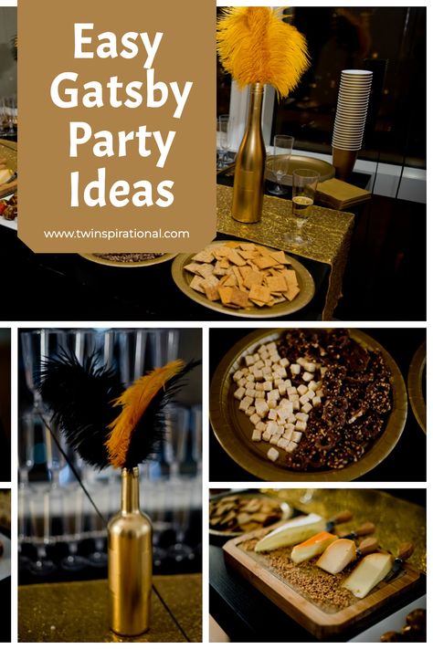 Elevate your party atmosphere with these exquisite DIY decor ideas. Explore how to create sophisticated centerpieces featuring opulent shades of gold, classic black, and timeless white. Learn the art of transforming ordinary bottles into showpieces adorned with luxurious ostrich feathers and faux pearl necklaces while keeping your budget in check. 20s Party Decor, Party Decor On A Budget, Gatsby Party Ideas, Roaring 1920s Party, 20s Party Decorations, 1920s Decor, Party On A Budget, Roaring 1920s, 20s Party