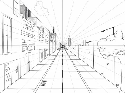 Perspective Art Buildings, First Perspective Drawing, Drawing Buildings Perspective, Two Perspective Drawing Buildings, One Point City Perspective Drawing, One Perspective Drawing Building, City In One Point Perspective, Building Drawing Perspective Looking Up, 5 Point Perspective City