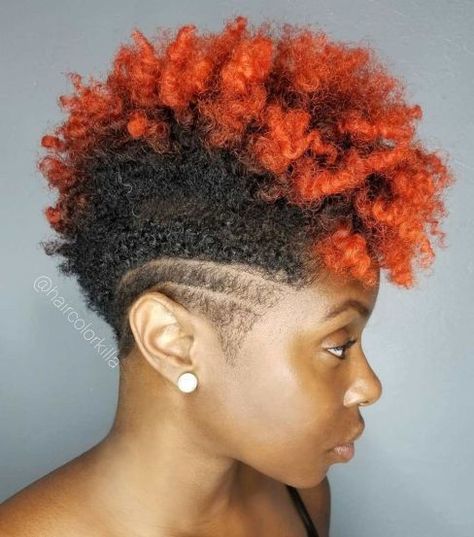 Natural Red Mohawk with Undercuts Natural Haircuts For Black Women, Afro Mohawk, Natural Haircuts, 3c Natural Hair, Undercut Hairstyles Women, Curly Hairstyles For Black Women, Short Natural Haircuts, Natural Curly Hair Cuts, Haircuts For Black Women