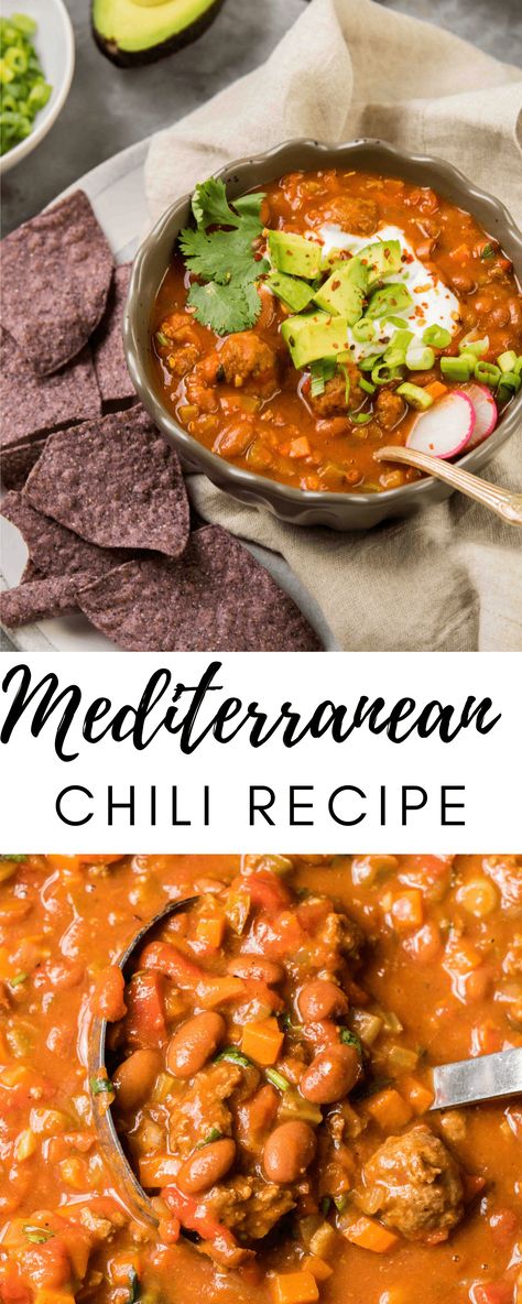 This Mediterranean chili recipe is like no other. It is made using all of our favorite Mediterranean spices and even includes meatballs in there. Perfect fall recipe! Mediterranean Diet Chili Recipe, Mediterranean Chilli, Fall Mediterranean Recipes, Mediterranean Soups And Stews, Mediterranean Chili Recipe, Mediterranean Chili, Meditranian Recipes, Mediterranean Soups, Mediterranean Soup Recipes