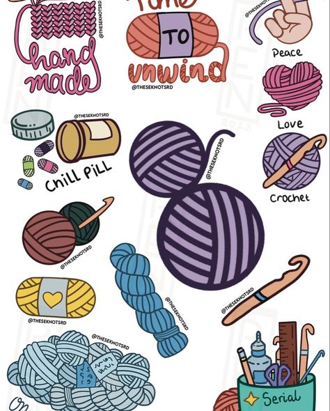 Assorted images of crochet yarn, skeins and crafting tools in a cute style depicting funny puns Crochet Stickers Free Printable, Crochet Stickers, Crochet Design, Drawings Simple, Crochet Stuff, Simple Doodles, Art Drawings Simple, Cute Crochet, Crochet Designs