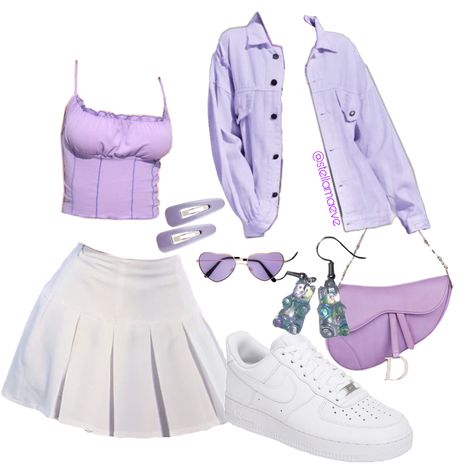 Purple tank crop & denim jacket, white tennis skirt w af1s, purple Dior sadel bag, and purple accesories 💜😈 Purple And White Dress Outfit, Pink And Purple Matching Outfits, Purple Tank Outfit, Cute Purple Outfits Aesthetic, Outfits Ideas Purple, Purple Style Outfit, Cute Outfits Purple, Purple And White Outfits, White Purple Outfit