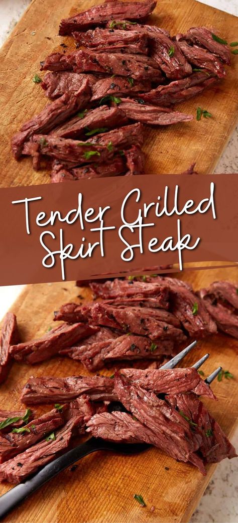 Collage of sliced grilled skirt steak on cutting board at top and bottom. Skirt Steak Recipe, Skirt Steak Fajitas, Skirt Steak Marinade, Skirt Steak Recipes, Grilled Skirt Steak, Steak Marinade Recipes, Summertime Recipes, Steak Butter, Marinated Steak