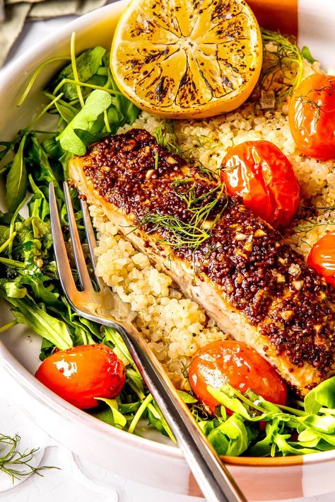 MUSTARD SALMON WITH LEMONY QUINOA AND BURST CHERRY TOMATOES Fish And Quinoa Recipes, Olivia Adriance Recipes, Salmon With Quinoa, Burst Cherry Tomatoes, Food For Summer, Dinner Food Ideas, Salmon Quinoa, Mustard Salmon, Peas Recipe