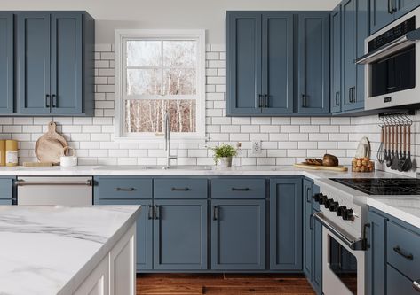 Provincial Blue Cabinets Blue Shaker Kitchen Cabinets, Blue Gray Kitchen Cabinets, Blue Shaker Kitchen, Navy Blue Kitchen Cabinets, Grey Blue Kitchen, Blue Kitchen Cabinets, Shaker Kitchen Cabinets, L Shaped Kitchen, Kitchen Cabinet Styles