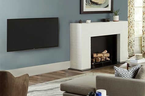 Where to Put the TV When You Have a Fireplace Tv Offset Fireplace, Tv Floating Shelves Ideas Tv Walls, Modern Living Room Tv Wall, Television Decor, Tv Mount Ideas, Living Room Tv Wall Decor, Corner Fireplace Furniture Arrangement, Modern Living Room Tv, Floating Shelf Under Tv