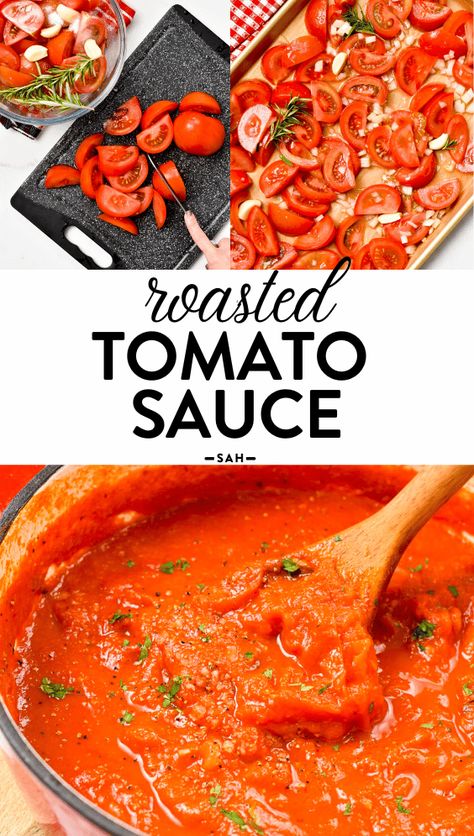 This Roasted Tomato Sauce is an easy, healthy sauce for pasta and a great way to use ripe tomatoes overgrowing in your garden. Plus, you can store and freeze this tomato sauce for months to meal prep lots of healthy family dinners. Roasted Tomato Pasta Sauce, Healthy Sauce Recipes, Healthy Sauce, Pasta Lasagna, Roasted Tomato Pasta, Sauce For Pasta, Tomatoes On Toast, Oven Roasted Tomatoes, Healthy Sauces