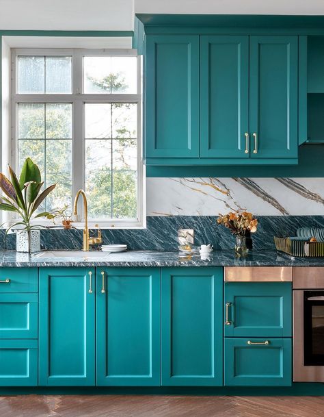 Teal and Marble Elegance Teal Farmhouse Kitchen, Teal Cabinets Kitchen, Kitchen Styling Countertops, Turquoise Kitchen Cabinets, Colorful Eclectic Kitchen, Eclectic Kitchen Ideas, Teal Kitchen Cabinets, Teal Cabinets, 70s Living Room