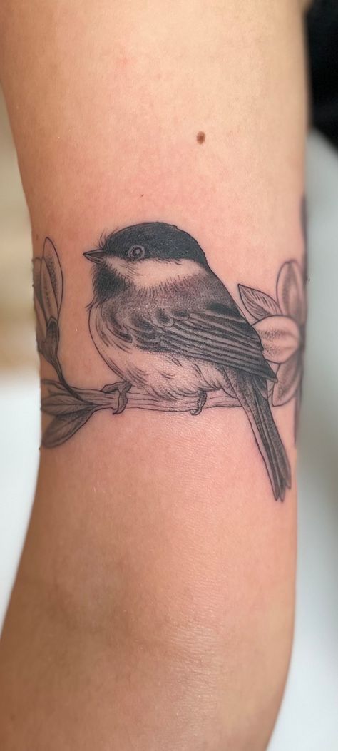 Bird And Magnolia Tattoo, Chickadee Tattoo Flowers, Fine Line Chickadee Tattoo, Tiny Chickadee Tattoo, Kindred Spirits Tattoo, Magnolia Tree Tattoo, Birds Sitting On A Branch Tattoo, Tree With Birds Tattoo, Chickadee Tattoo