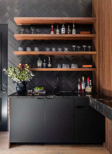 Black Marble Bar Counter, Contemporary Bars For Home, Black Cabinet Bar Ideas, Black And Wood Bar, Moody Home Bar, Dark Tile Backsplash, Black Home Bar, Dark Moody Home, Bar With Floating Shelves