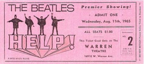 The Beatles Help, Beatles Poster, Pink Posters, Movie Tickets, Admit One, Concert Tickets, Music Poster, Wall Collage, The Beatles