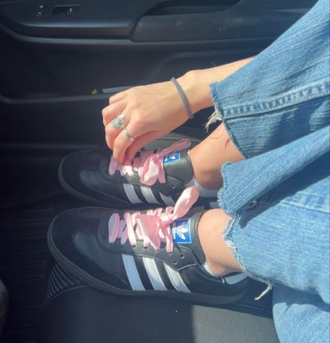 Black Sambas Pink Laces, Sambas With Ribbon, Pink Sambas, Black Sambas, Adidas Samba Outfit, Ribbon Shoes, Samba Outfit, Shoes Cute, Shoes Outfit Fashion