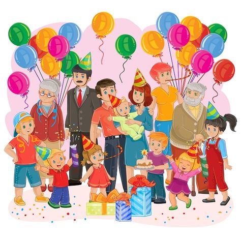 Vector big happy family together celebra... | Free Vector #Freepik #freevector #mom-dad #happy-family-cartoon #family-cartoon #happy-family Happy Birthday Family, Family Picture Cartoon, Family Drawing Illustration, Big Happy Family, Family Sketch, Family Clipart, Family Vector, Picture Composition, Party Cartoon