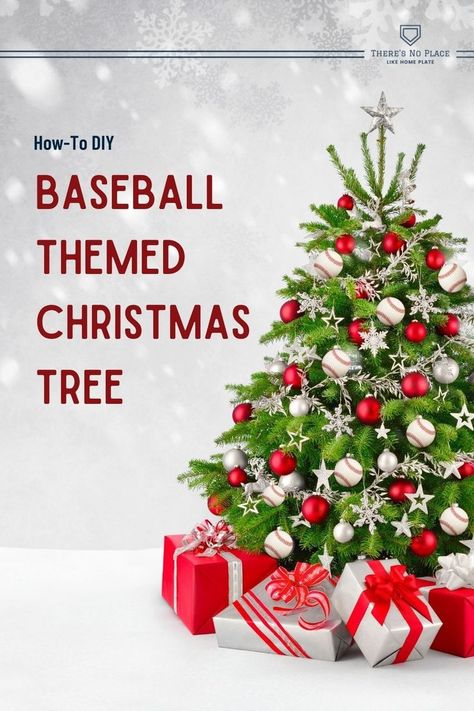 A step by step DIY to show you how to make a baseball themed christmas tree. Perfect for baseball families, this tree will be the centerpiece of your living room. Start with a baseball tree skirt, add in red and white ornaments and garland, as well as new and vintage baseball ornaments. Finish with a red and white star on top, and your baseball themed christmas tree is complete. Includes tips for building your family's baseball christmas ornament collection. Travel Baseball Mom, Baseball Christmas Tree, Baseball Christmas Ornaments, Baseball Christmas, Themed Christmas Tree, Travel Baseball, Christmas Tree Diy, Gift Drawing, Baseball Theme