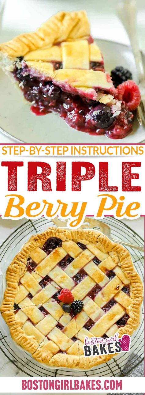 This triple berry pie is made with juicy blackberries, raspberries, and blueberries. The filling is cooked on the stovetop first ensuring a berry pie that doesn’t have a runny filling. With a beautiful lattice pie crust this pie is going to be a favorite in your household! Growing up in upstate New York, aka “farm country” meant that summer time was all about picking berries. Now there was a local business where we could go pick berries and we definitely did from time to time. | @bostongirlbakes Thanksgiving Recipes Dessert Pies, Berry Pie Filling, Berry Pie Recipe, Triple Berry Pie, Lattice Pie Crust, Picking Berries, Lattice Pie, Mixed Berry Pie, Make Ahead Desserts