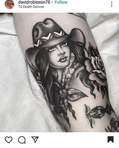 Realistic Cowgirl Tattoo, John Wayne Inspired Tattoos, Western Woman Tattoo, Outlaw Tattoo For Women, Johnny Cash Tattoo Traditional, American Traditional Cowgirl Tattoo, American Traditional Cowgirl, Cowgirl Pinup Tattoo, Cowgirl Tattoos Traditional