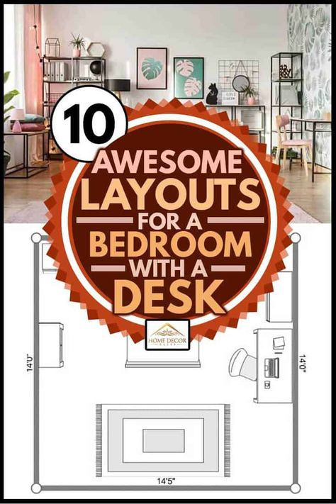 Master Bedrooms With Desk Layout, Office Guest Room Layout Ideas, Desk Behind Bed Headboards, Bedroom With Desk Ideas Layout, Bedroom With Bed And Desk, Small Bedroom Workspace Layout, Bed With Desk Next To It, L Shaped Desk Bedroom Layout, Small Desk Ideas Master Bedrooms