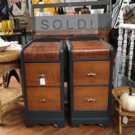 Waterfall Furniture, Art Deco Nightstand, Waterfall Vanity, Art Deco Dresser, Nightstand Makeover, Vanity Makeover, Refinishing Furniture Diy, Cat House Diy, Furniture Fix