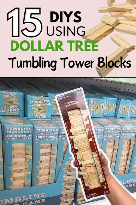 Check out these 15 simple and budget-friendly DIY decor ideas using Dollar Tree's Tumbling Tower blocks! These are some of my favorite tower block projects that' you'll definilty want to try out.  #dollartree #dollartreediy #jengablockdiy #diy #craft #diyhomedecor Jenga Block Book Stack Diy, Diy Projects Dollar Tree, Ideas With Jenga Blocks, Crafts Using Jenga Pieces, Dollar Tree Blocks Crafts, Crafts With Mini Jenga Blocks, Things To Do With Jenga Blocks, Jenga Ideas Creative, Dollar Tree Crates Ideas