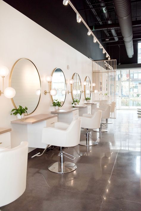 Hair Salon Interior Design Aesthetic, Beige Hair Salon Decor, Light And Airy Hair Salon, Salon With Windows, White Hair Salon Interior Design, Coastal Hair Salon Decor, Trendy Hair Salon Interior, Hair Salon Modern Interior Design, Girly Salon Ideas