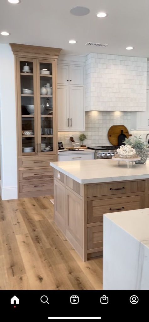 Kitchen Island Accent Color With Wood Cabinets, Cream Kitchen Wood Island, Taupe And White Oak Kitchen, Maple Island Kitchen, Space Around Kitchen Island, White Kitchen Brown Island, Wood Island Kitchen, Double Kitchen Island, White Oak Kitchen Island