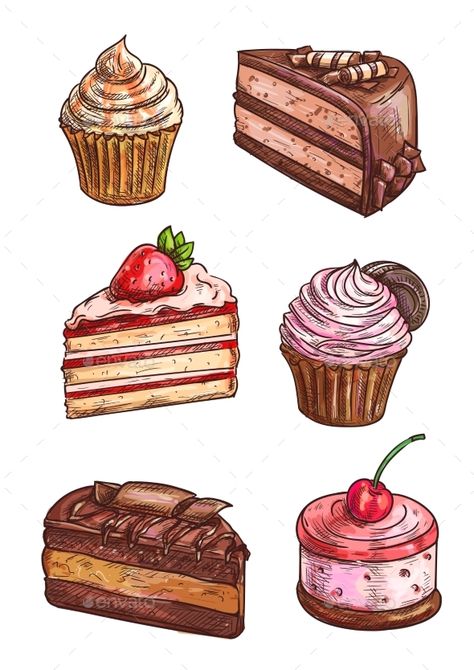 Patisserie sweet desserts sketch. Vector isolated confectionery icons of cupcake with strawberry topping, chocolate cake, vanilla Desserts Drawing, Food Art Painting, Dessert Illustration, Cake Drawing, 귀여운 음식 그림, Cakes And Desserts, Food Artwork, Food Sketch, Strawberry Topping