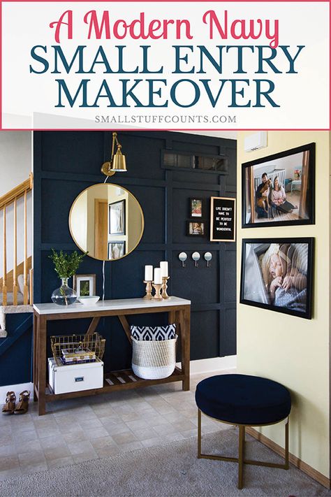 Such a pretty modern entry with a gorgeous navy blue board and batten wall. The paint is Midnight Blue by Behr and it's super pretty. Such great ideas for a small entryway makeover! #organizedentry #organizedentryway #navyentry #navyfoyer #navyentryway #navyhallway #navyboardandbatten #smallentry #smallentryway #smallfoyer #smallentryideas #beforeandafter #roommakeover Blue Board And Batten Wall, Blue Board And Batten, Entry Makeover, Entryway Paint, Accent Wall Entryway, Navy Accent Walls, Foyer Ideas Entryway, Entryway Makeover, Small Foyer