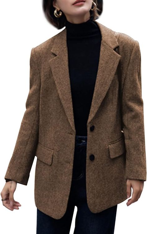 Women Suit Blazer Herringbone Pattern Woolen Coat Ladies Mid- Length Professional Casual Retro Only Jacket Coffee at Amazon Women’s Clothing store Brown Herringbone Blazer Outfit Women, Herringbone Jacket Outfit, Brown Wool Blazer Outfit, Herringbone Blazer Outfit Women, Wool Blazer Outfit Women, Blazer Outfits For Women, Academia Outfits, Herringbone Jacket, Herringbone Blazer