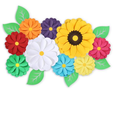 PRICES MAY VARY. Large, Vibrant Sunflower Paper Flowers Set - 9 Assorted Colorful Flowers (Red, Yellow, Orange, White, Green, Blue, Purple) with 6 Realistic Leaves; Perfect for Wall Decor, Bulletin Board Enhancements, and Stunning Tea Party or Garden Party Centerpiece Boho Rainbow Party Must-Have - Unique bohemian style floral wall decor featuring large, 3D big sunflowers decor a baby girl's nursery, classroom, bridal shower, or birthday celebration. Ideal as boho classroom decorations for teach Girl Nursery Neutral, Sunflower Bulletin Board, Sunflower Paper Flowers, Bulletin Board Decoration, Neutral Classroom, Garden Birthday Party, Halloween Paper Crafts, Easy Paper Flowers, Large Paper Flowers