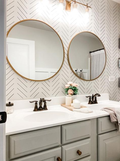 Stylist Michelle Keeley gave her bathroom a quick, trendy update (for free!) by using a permanent marker and DIY stencil to create this gorgeous accent wall in her kids' bathroom. Follow the link to her Instagram page below and find the easy instructions in her story highlights. GET THE HOW-TO: DIY Permanent Marker Wall Hgtv Bathroom, Kids Bathroom Remodel, Teen Bathrooms, Bathroom Redecorating, Bathroom Remodeling Ideas, Diy Bathroom Makeover, Diy Bathroom Remodel, Boys Bathroom, Upstairs Bathrooms