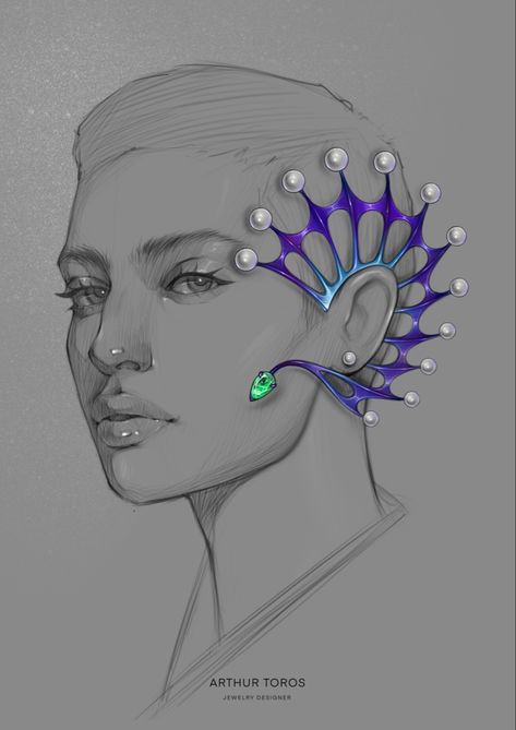 Sketching Procreate, Accessories Design Sketch, Portrait Jewelry, Jewelry Rendering, Sketch Portrait, Art Jewelry Design, Jewellery Design Sketches, Flying Fish, Dragon Earrings